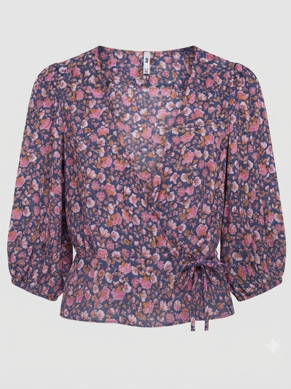 Mango Floral Wrap Blouse Puff Sleeve V-Neck Ditsy Cottagecore Dark Blue PinkTop